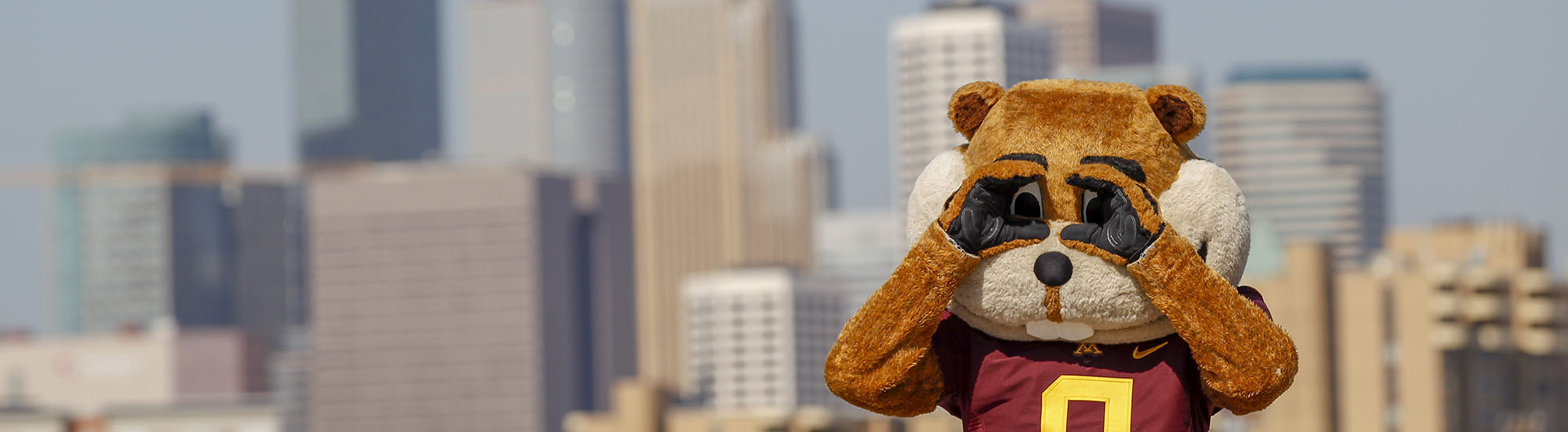Goldy Gopher uses his hands as binoculars to search for something