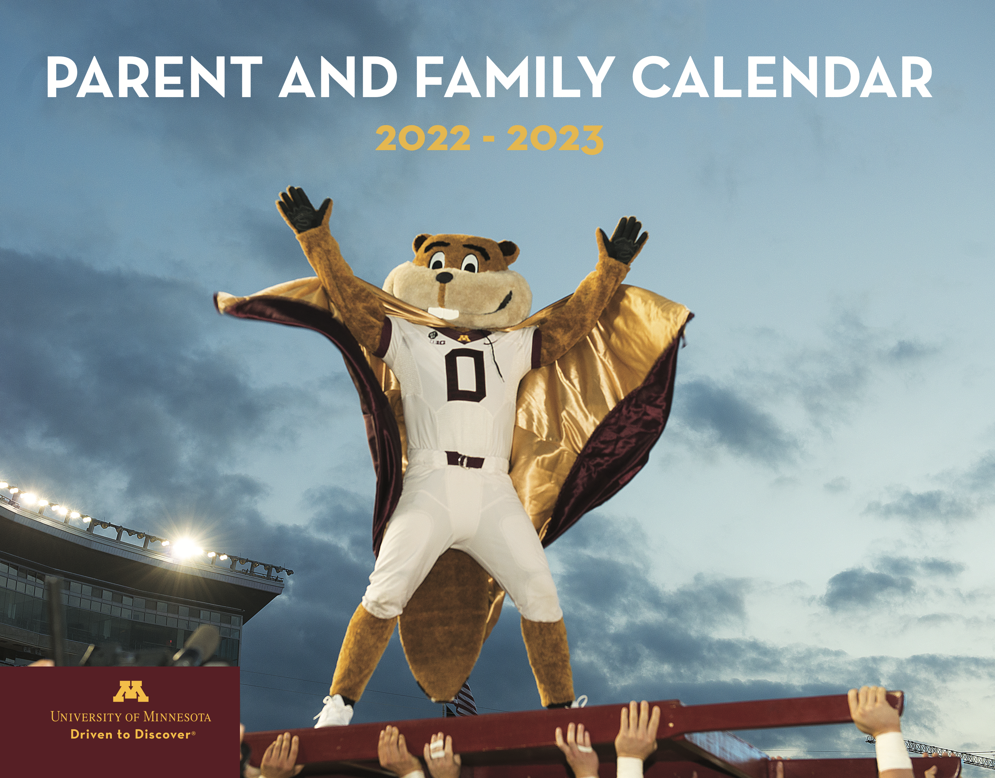 Image of Goldy Gopher with a cape and the words Parent & Family Calendar