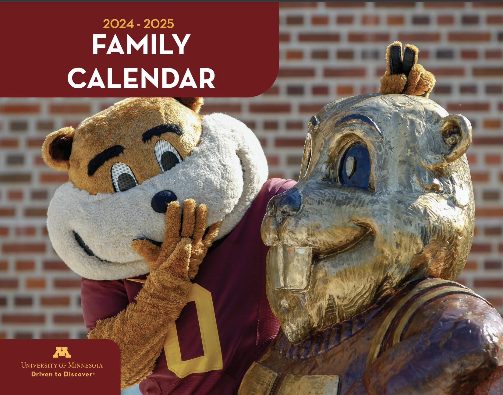 Family Calendar cover with Goldy mascot standing next to Gold statue