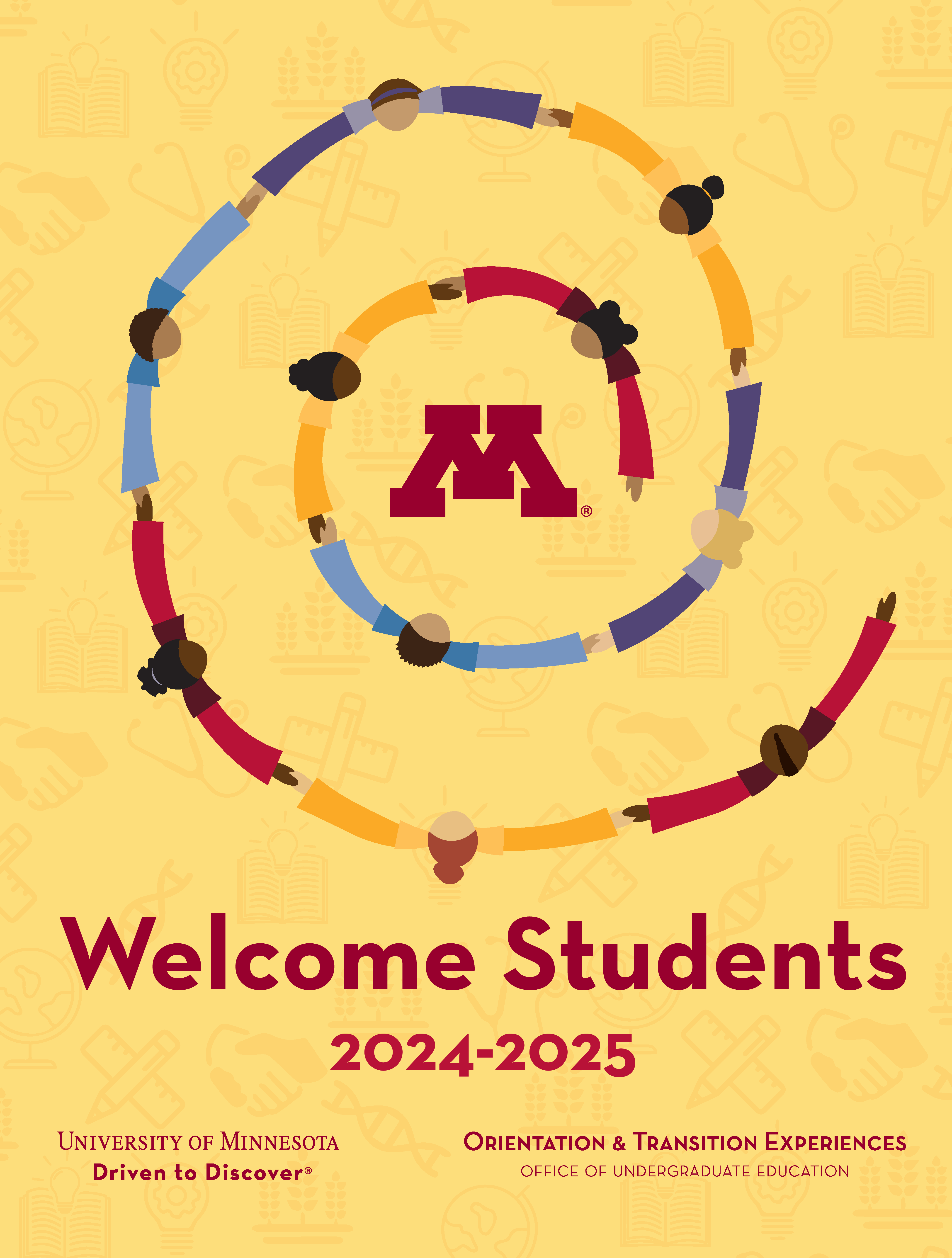 Welcome Students poster with an artistic design or students holding hands and each college represented in the background