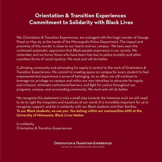 Screenshot of the Orientation & Transition Experiences Commitment to Solidarity with Black Lives