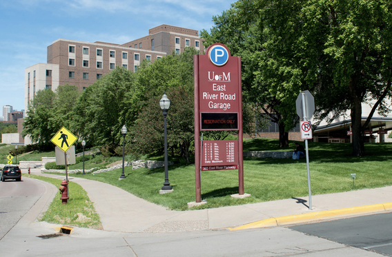 Sign for the entrance to the East River Road Parking Garage