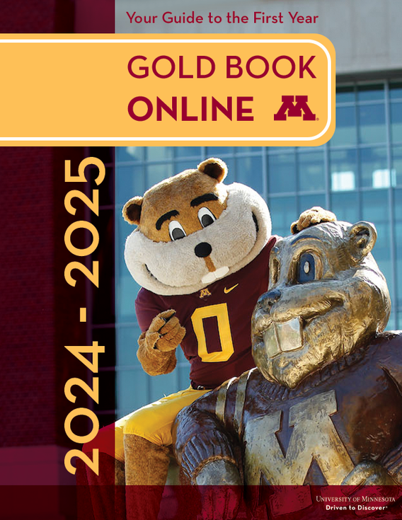 Gold Book Online Cover with Goldy mascot standing next to Gold statue